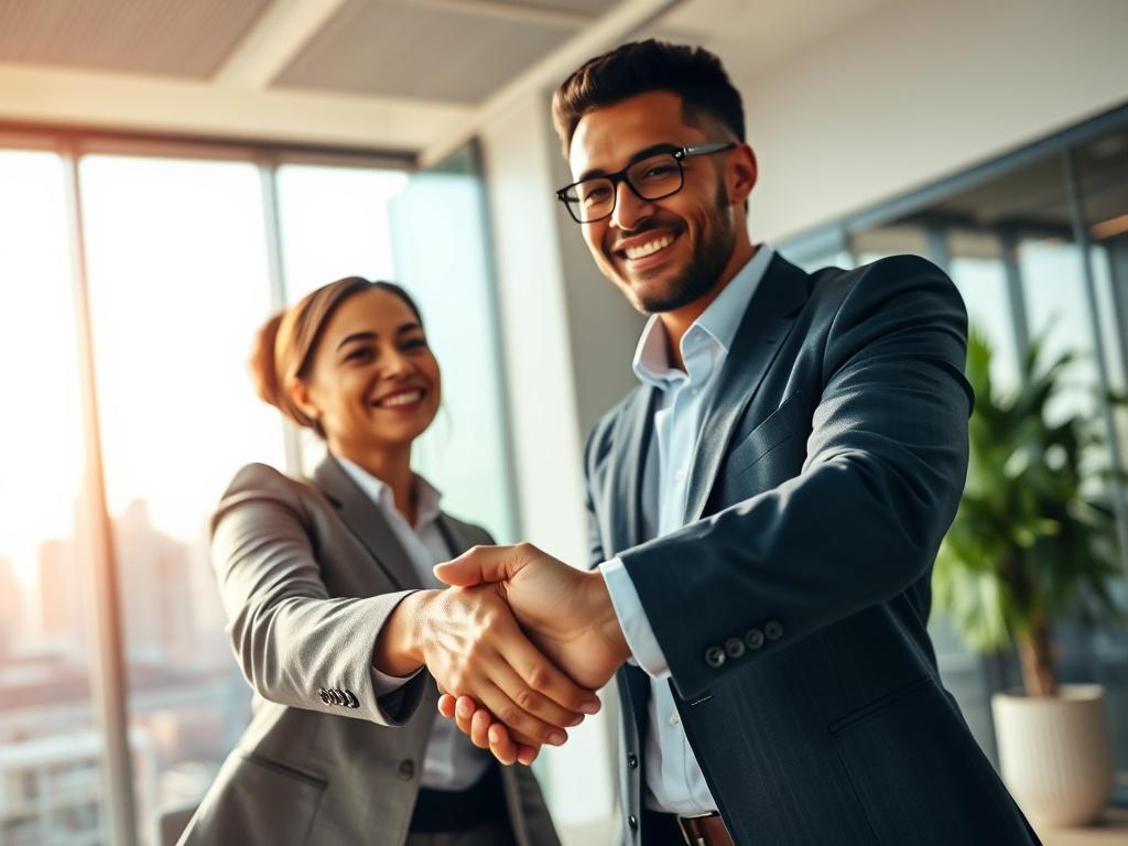 A close-up shot of two business professionals shaking hands in a modern office environment, symbolizing partnership and collaboration. The background is a blurred view of a city skyline, representing a dynamic business atmosphere. The image should have warm tones with a focus on the individuals' expressions of positivity and determination, shot with a 45mm f/1.2 lens.