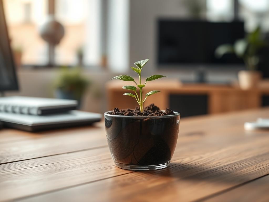 A close-up of a green plant growing in a soil-filled pot on a wooden desk, symbolizing growth and sustainability. The background is softly blurred with hints of a modern office setup, incorporating natural light. The image should evoke feelings of hope and innovation, captured with a 45mm f/1.2 lens.