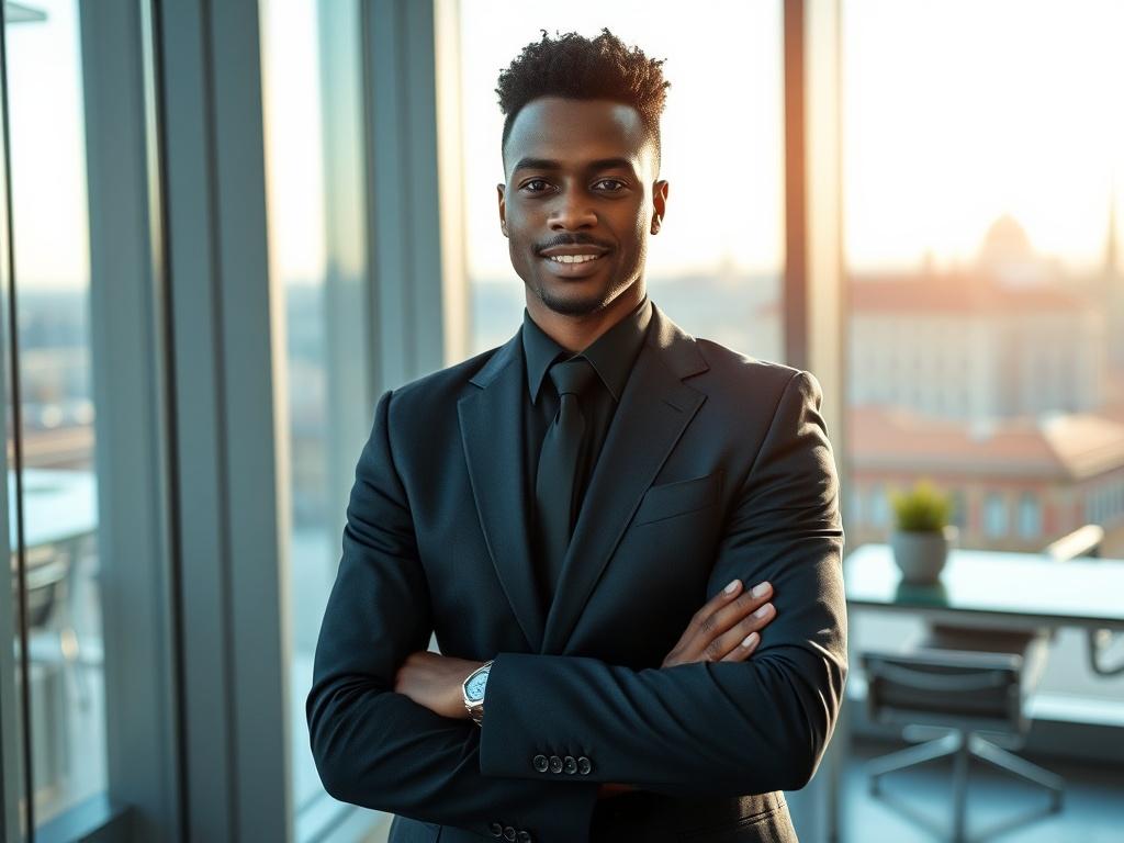 Create a realistic high-resolution photo that captures the essence of the blog titled "Bridging Cameroon and Denmark: Opportunities for Businesses." The composition should be simple and clear, featuring a single subject: a Cameroonian entrepreneur standing confidently in a modern Danish business environment. 

The subject should be a young, professional African businessman or businesswoman, wearing smart, contemporary attire suitable for a corporate setting. Their expression should convey determination and 