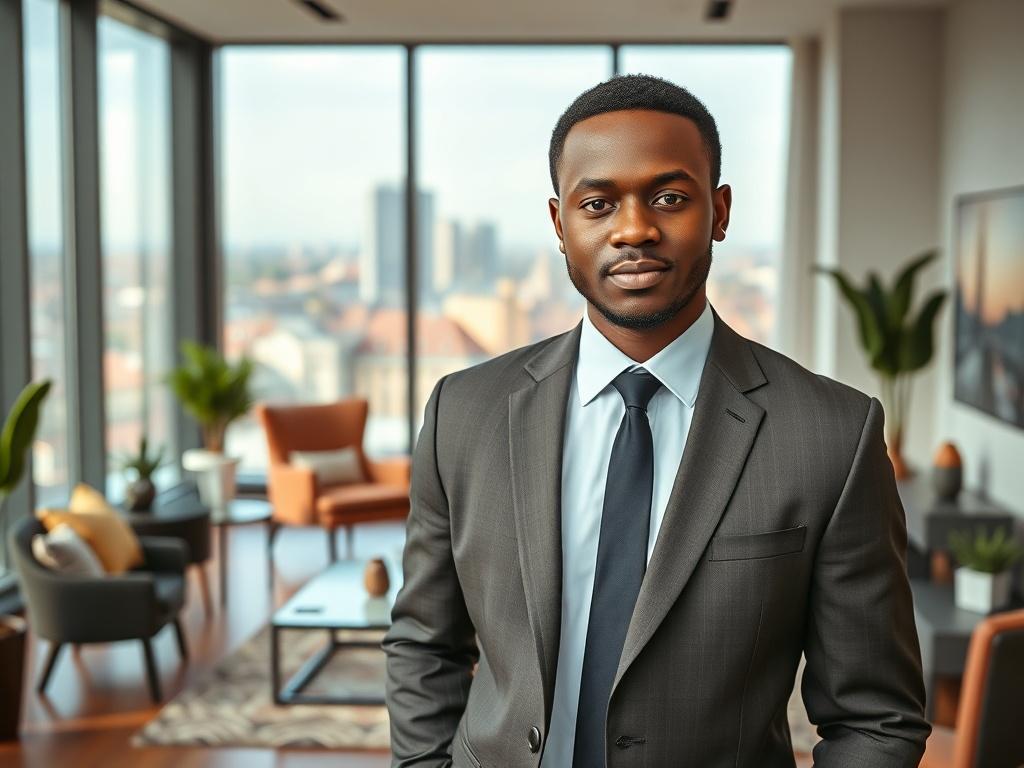 Create a highly detailed, realistic high-resolution photo depicting a solo business professional standing confidently in a modern workspace. This individual should be of Cameroonian descent, dressed in smart business attire that embodies professionalism and cultural pride. The setting should feature elegant decor, blending elements from both Cameroonian and Danish design, symbolizing the connection between the two cultures.

The background should have large windows allowing natural light to pour in, showcas