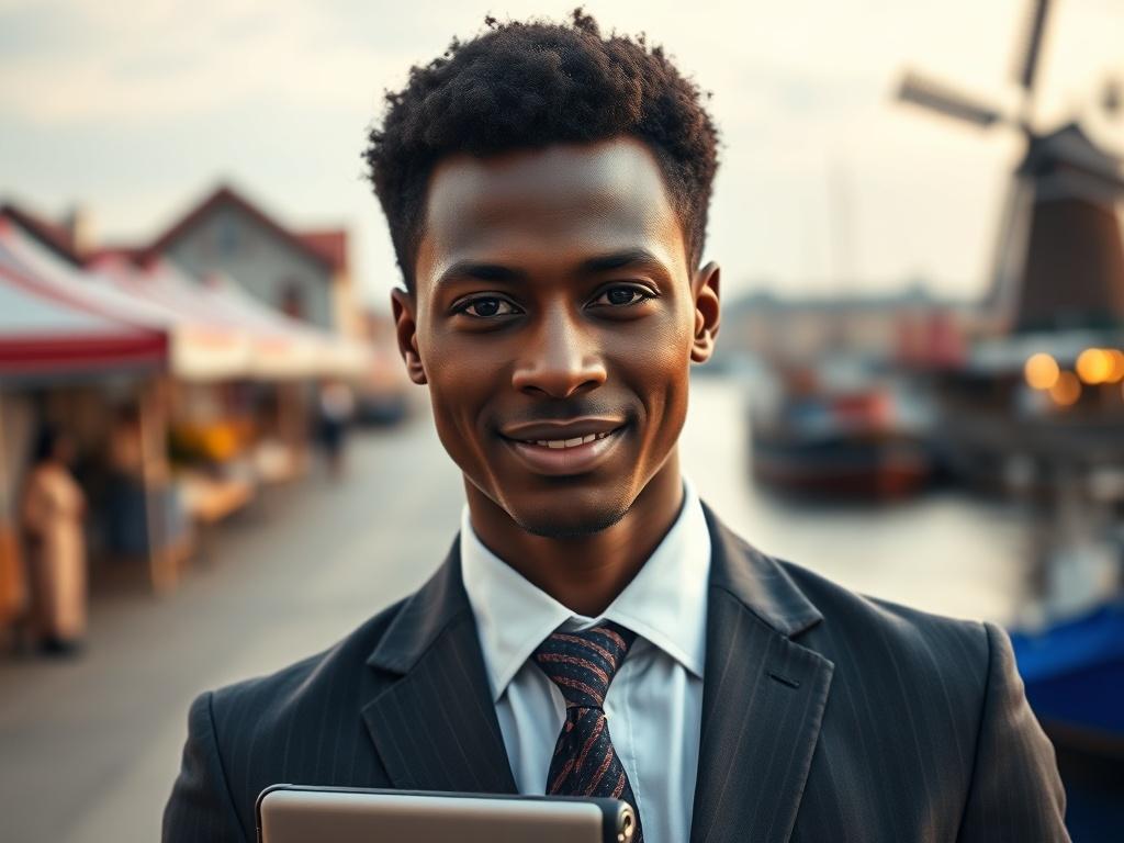 Create a realistic high-resolution photo that captures the theme of "Bridging Cameroon and Denmark: Opportunities for Businesses." The composition should feature a single, professional-looking individual in business attire, representing the collaboration between these two cultures. The subject should be confidently holding a briefcase or a tablet, symbolizing business and opportunity. 

For the background, use a blurred scenic view that subtly combines elements from both Cameroon and Denmark; include iconic