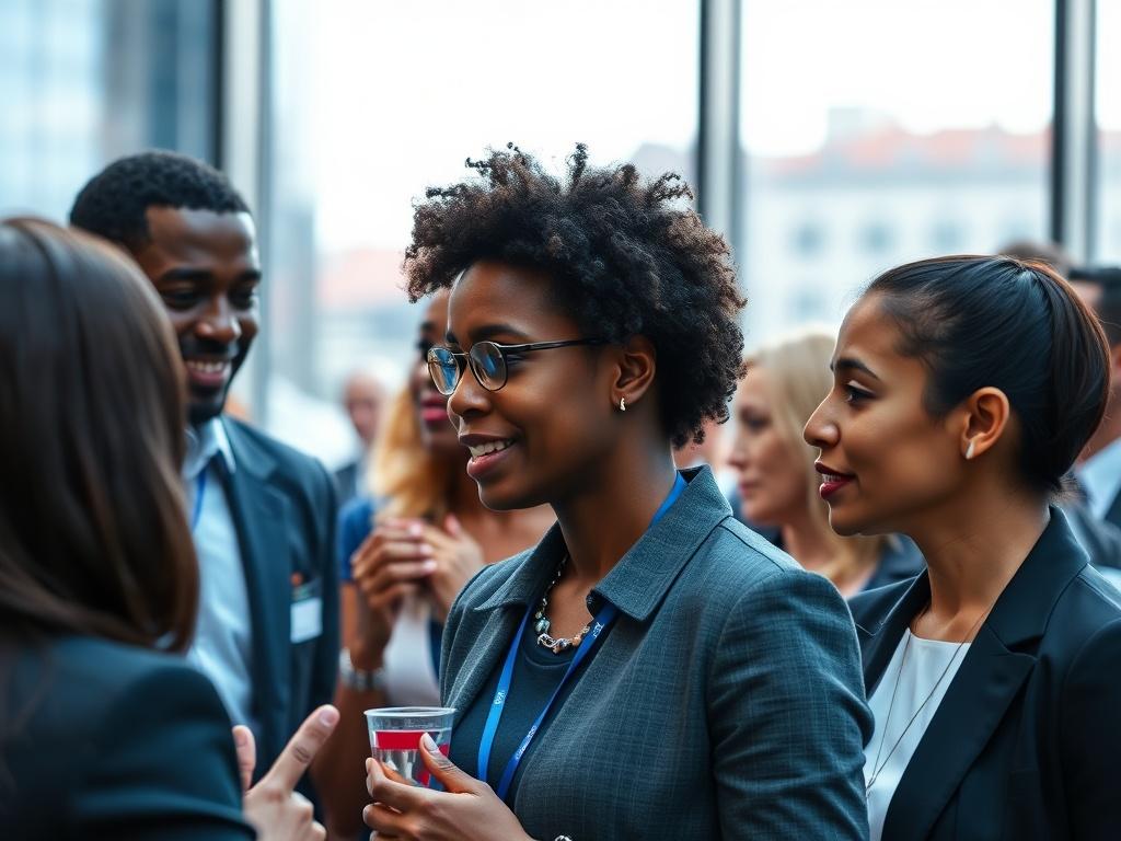 A close-up shot of a diverse group of business professionals engaged in a lively networking event, showcasing individuals from Cameroon and Denmark interacting and exchanging ideas, with a modern and vibrant backdrop of Copenhagen.