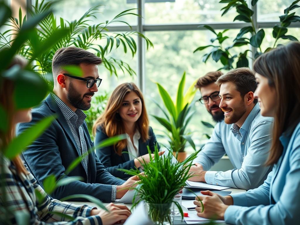A high-resolution close-up of a group of business leaders brainstorming ideas on sustainability, surrounded by green plants and eco-friendly materials, illustrating collaboration towards innovative solutions in a bright meeting room.