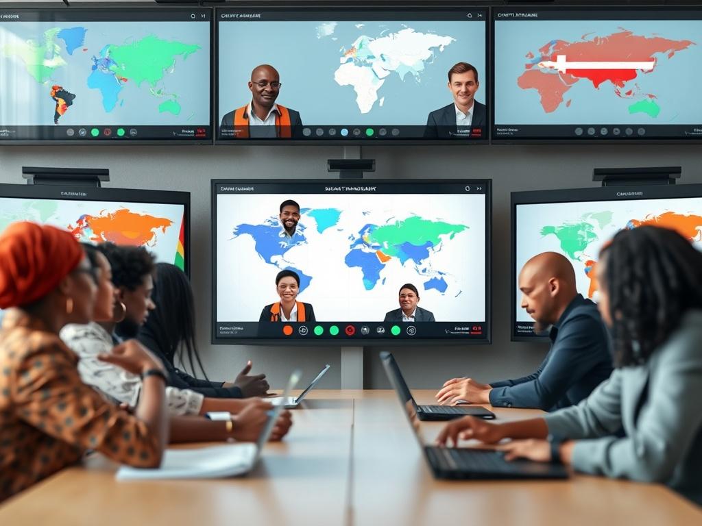 A vibrant scene capturing a virtual meeting of diverse professionals from the Diaspora Talent Network, showcasing engaged individuals sharing ideas on a video call, with screens displaying maps of Cameroon and Denmark in the background.