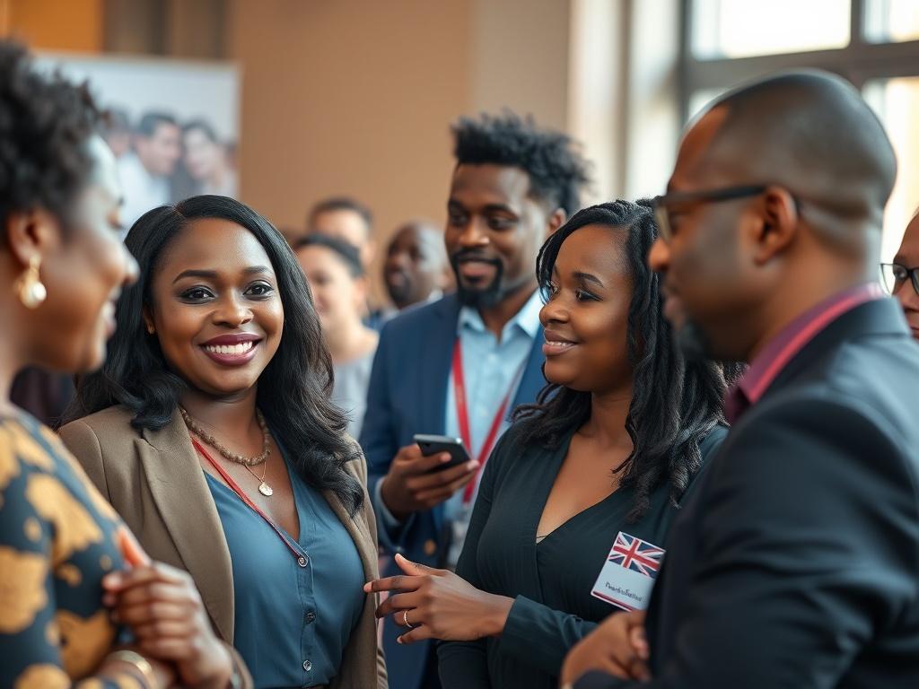 A vibrant networking event showcasing diverse professionals and entrepreneurs from Cameroon and Denmark engaged in discussions. The image should capture a close-up of enthusiastic individuals exchanging ideas, with visible cultural elements representing both countries. The background should feature subtle hints of Copenhagen's architecture, creating an inviting atmosphere that reflects collaboration and innovation.