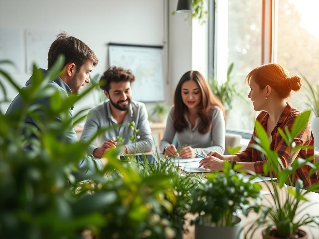 A dynamic image of a workshop setting with participants brainstorming around eco-friendly materials and plants, highlighting the theme of sustainability with natural lighting and modern decor.