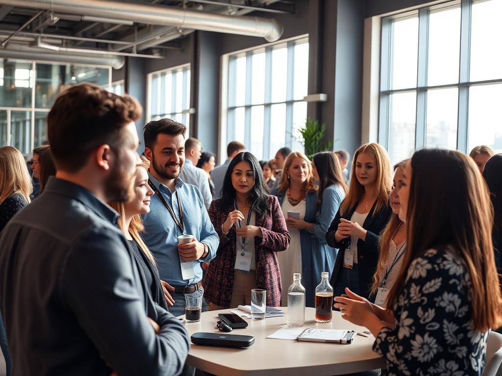 A close-up shot of a diverse group of professionals networking at a workshop in a modern venue, with natural light streaming through large windows, showcasing engaged conversations and a welcoming atmosphere.