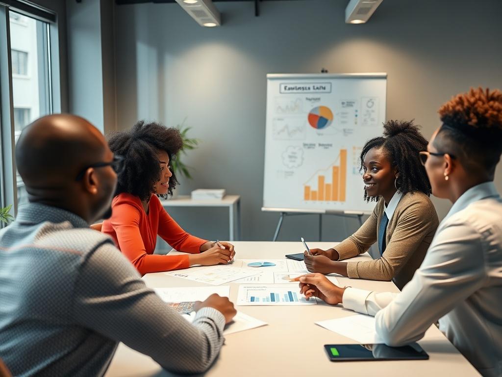 A vibrant scene depicting a business meeting between Cameroonian and Danish entrepreneurs in a contemporary office setting, with visuals of charts and ideas on a whiteboard, emphasizing collaboration and innovation.