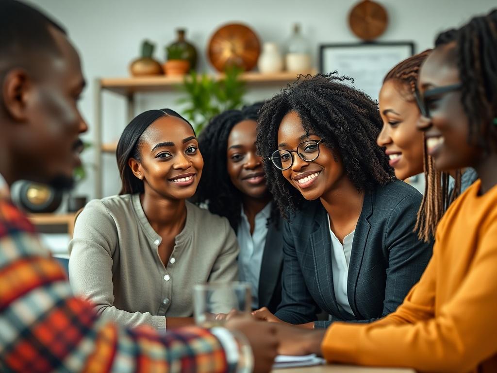 A close-up shot of a diverse group of professionals engaged in a collaborative discussion, showcasing a blend of Cameroonian and Danish individuals. The background features a modern workspace with elements representing both cultures, such as traditional artifacts and contemporary design. The image should capture the essence of connection, collaboration, and innovation, focusing on the exchange of ideas and knowledge, with a warm and inviting atmosphere.