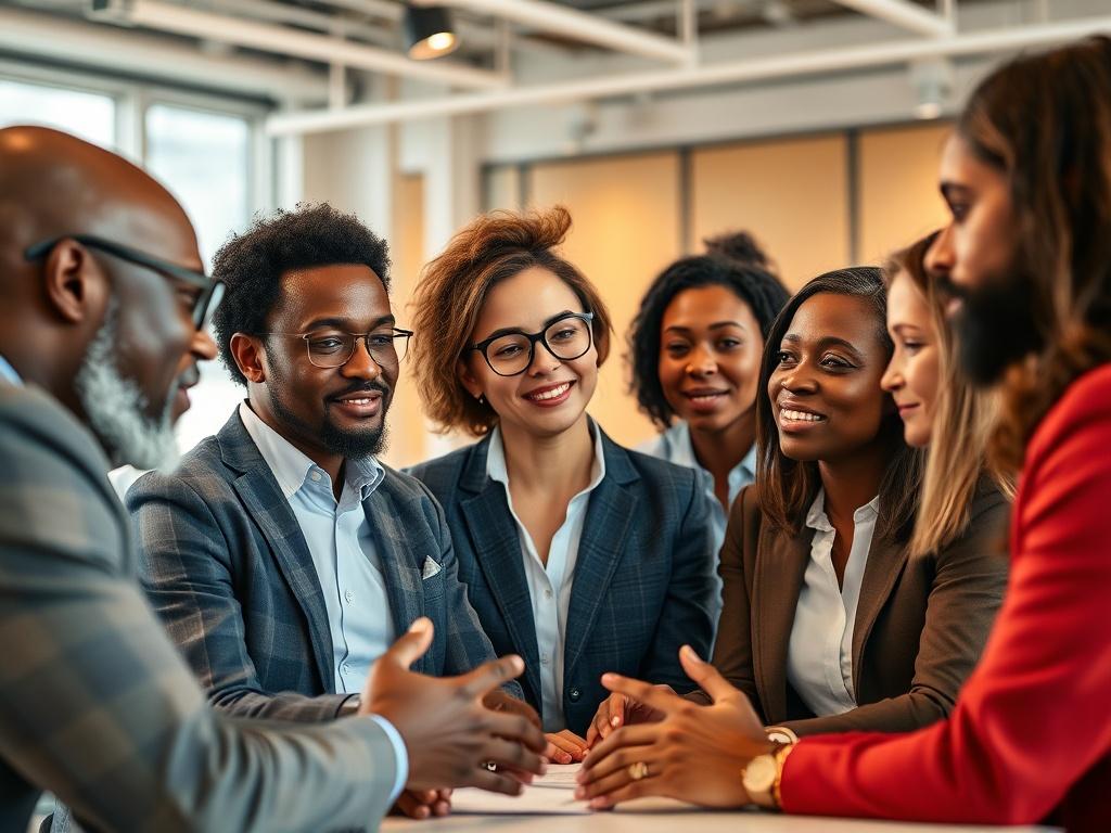 A close-up shot of a diverse group of professionals engaged in a collaborative discussion, showcasing a blend of Cameroonian and Danish individuals. The background features a bright, modern office setting with warm lighting, reflecting an atmosphere of innovation and teamwork. The composition highlights the unity and synergy among the group, emphasizing their commitment to collaboration and growth.