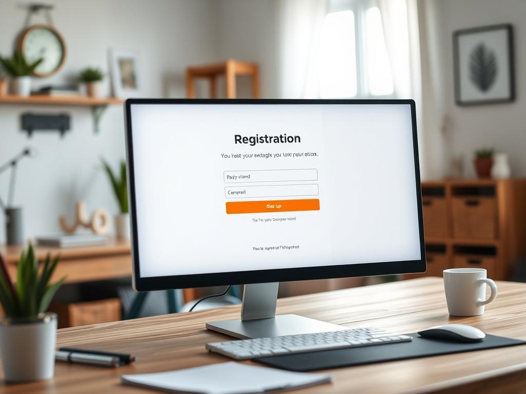 A high-resolution close-up shot of a digital registration form displayed on a computer screen, with an inviting and user-friendly design. The background should depict a cozy home office environment, emphasizing a smooth and easy sign-up experience, rendered in hyper-realistic detail.