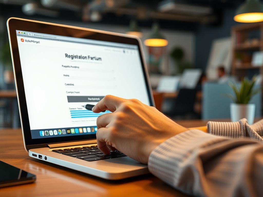 A high-resolution close-up shot of a person filling out an online registration form on a laptop, with a vibrant workspace in the background. The image should convey a sense of opportunity and professionalism, focusing on the hand and screen, rendered in hyper-realistic detail.