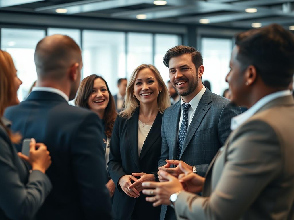 A high-resolution close-up shot of a diverse group of professionals engaging in a networking event, showcasing enthusiasm and collaboration. The background should be a modern conference room setting, with subtle decor that hints at a professional atmosphere, rendered in hyper-realistic detail.