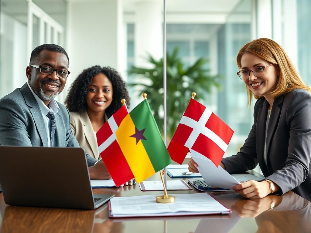 A hyper-realistic close-up shot of a business meeting between Cameroonian and Danish professionals, showcasing collaboration. The scene includes flags of both countries on the table, with documents and laptops open, indicating active discussions. The background is a bright office environment, symbolizing innovation and partnership. The image should capture the essence of international cooperation and mutual respect, focusing on the engaged expressions of the professionals.