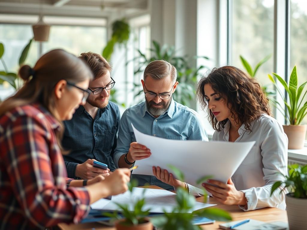 A close-up shot of a group of individuals discussing green technologies in a bright, eco-friendly office setting. They are reviewing plans and prototypes for sustainable products, with plants and natural light enhancing the atmosphere. The image should convey a sense of urgency and commitment to environmental sustainability, showcasing the collaboration and enthusiasm of participants.