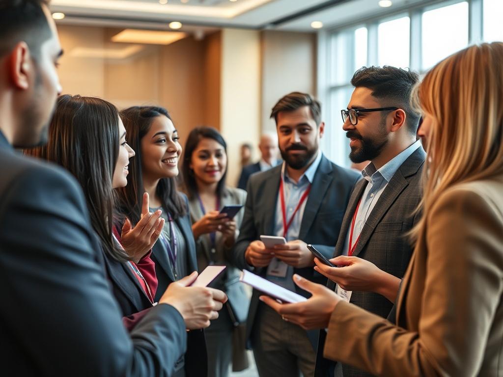 A close-up shot of a diverse group of professionals networking at a workshop, engaged in discussion. The setting is a well-lit conference room with modern decor, and participants are exchanging business cards and ideas. The atmosphere is vibrant and collaborative, highlighting the importance of cross-cultural connections. The image should reflect camaraderie and professionalism, focusing on the interactions among individuals.