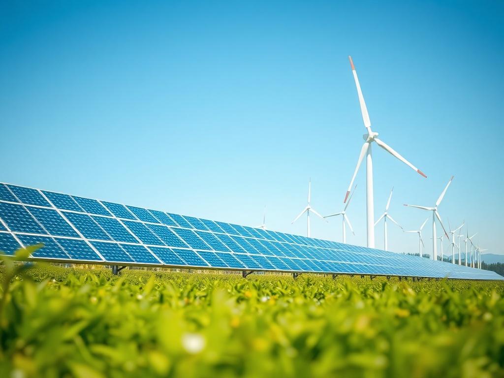 A close-up shot of a renewable energy installation, showcasing solar panels and wind turbines in a lush green landscape. The background features a clear blue sky, emphasizing the harmony between technology and nature. The image should reflect the theme of innovation and sustainability, with a focus on the integration of green technologies in both urban and rural settings.
