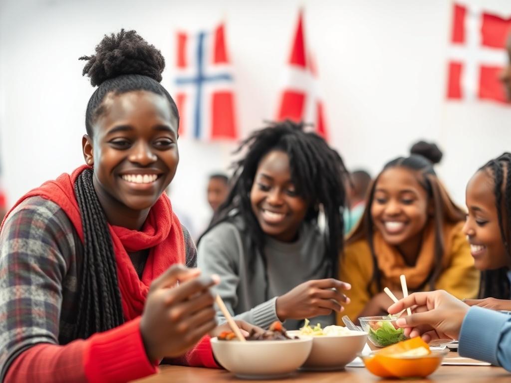 A vibrant image showcasing a diverse group of young people engaged in cultural exchange activities. The scene includes students from Cameroon and Denmark participating in a workshop, sharing traditional foods, and discussing educational projects. The background features flags of both countries, symbolizing collaboration and unity. The focus is on their expressions of joy and engagement, captured in high resolution with a shallow depth of field.