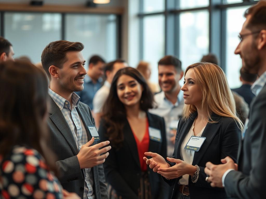 A close-up shot of a diverse group of professionals engaging in a networking workshop. The scene shows participants exchanging ideas, with name tags visible and a warm, collaborative atmosphere. The background should be softly blurred to emphasize the interaction, with a color palette that includes the primary color rgb(2, 86, 197). The image should evoke a sense of community and professional growth.