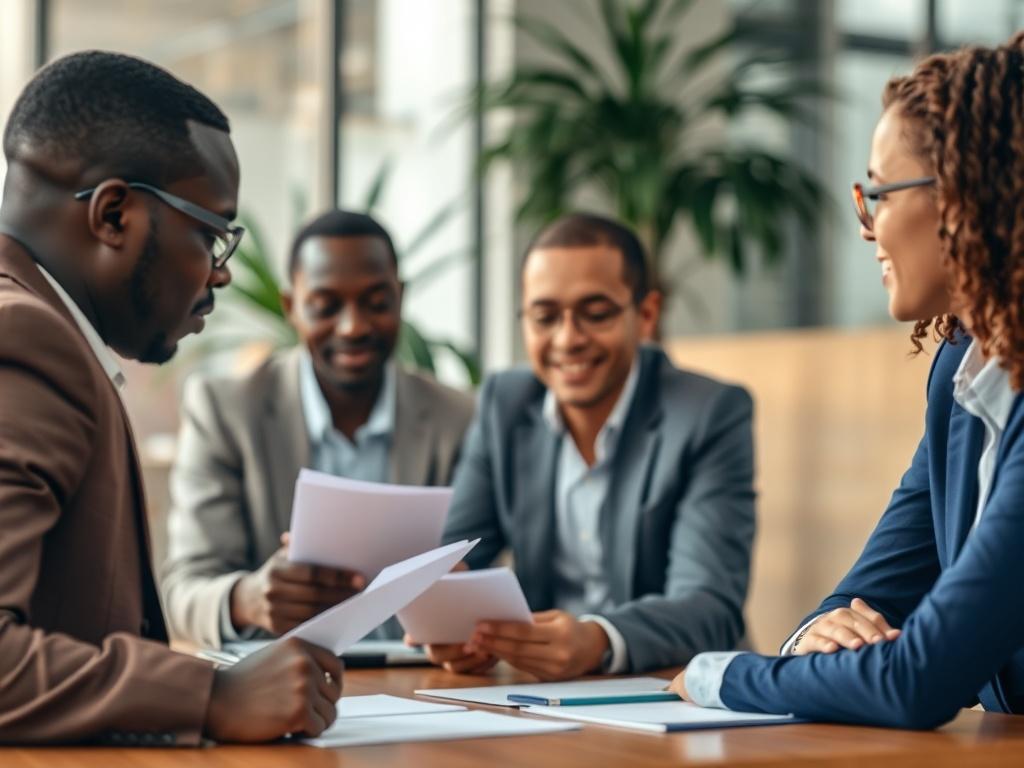 A vibrant close-up shot showing a business meeting between Cameroonian and Danish entrepreneurs. The scene should reflect a collaborative atmosphere with documents, laptops, and cultural elements from both nations visible. The background should be softly blurred, emphasizing the interaction and connection between the participants. The image should convey a sense of partnership and cross-cultural exchange, with a color scheme that incorporates rgb(2, 86, 197).