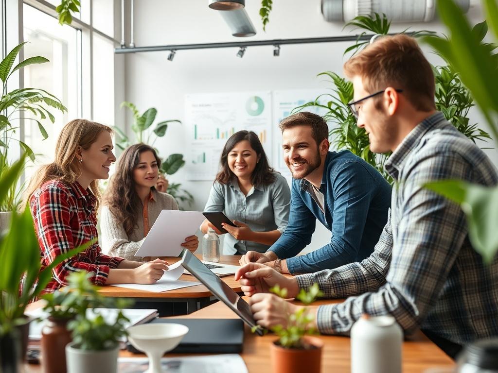 A close-up shot of a team brainstorming green technology solutions in a modern workspace. The image showcases eco-friendly materials, plants, and innovative designs, reflecting a commitment to sustainability. Participants should appear engaged and enthusiastic, with charts and ideas visible in the background. The color palette should include rgb(2, 86, 197) to emphasize the connection to green innovation.
