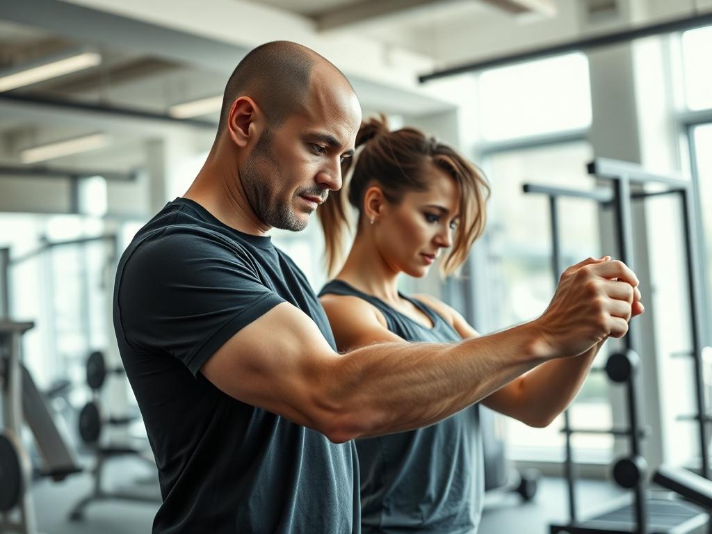 A close-up shot of a personal trainer working one-on-one with a client in a modern gym. The trainer demonstrates a workout technique while the client focuses intently, both showing determination. The background features gym equipment and a clean, bright environment, with natural light enhancing the scene. The image should showcase the dynamic between trainer and client, highlighting the personalized nature of the training session.