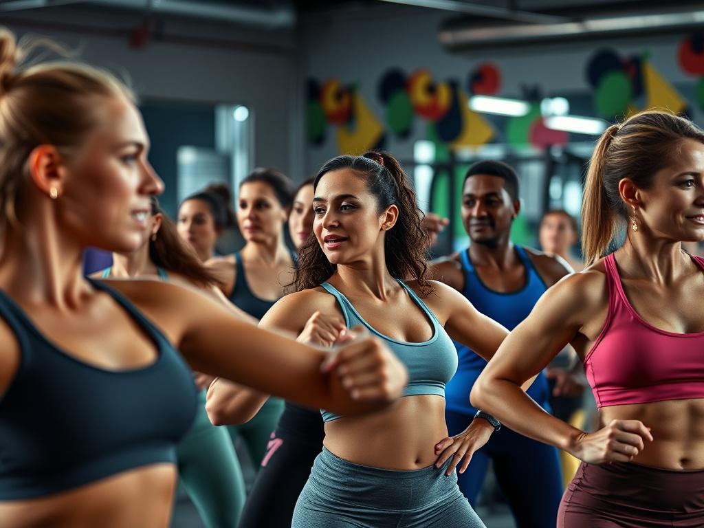 A vibrant close-up shot of a group fitness class in action, showcasing diverse participants engaged in an energetic workout. The scene captures the enthusiasm and camaraderie among the group, with instructors leading and motivating the class. The background features gym equipment and a lively atmosphere, emphasizing the excitement of group fitness. The image should reflect the diversity of fitness levels and the supportive community spirit.