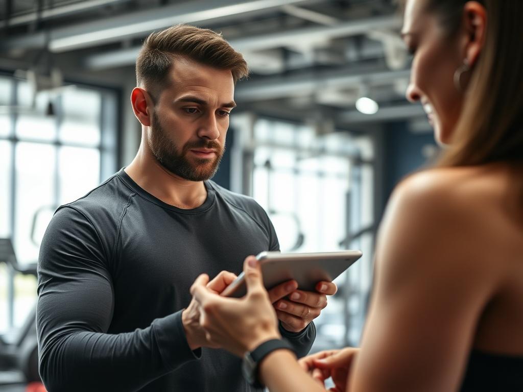A close-up of a personal trainer calculating session fees with a client in a private gym setting. The trainer is using a tablet, showcasing a transparent billing process. The background features modern gym equipment, emphasizing professionalism and clarity. Shot in hyper-realistic detail with a 45mm f/1.2 lens.