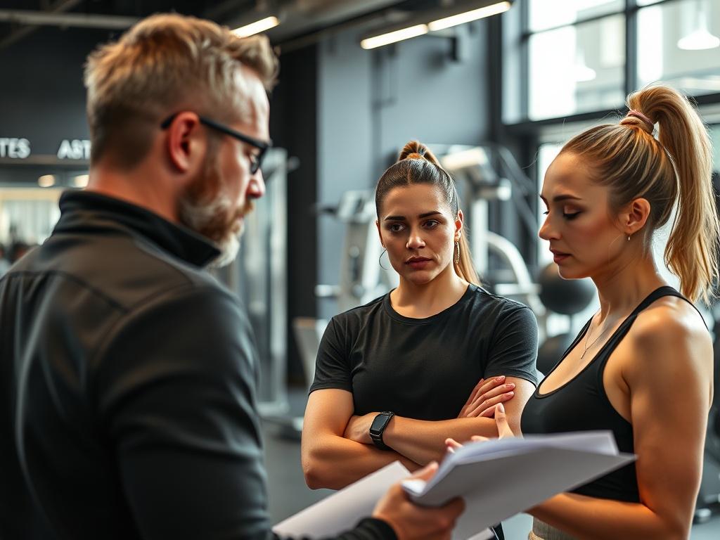A personal trainer in a sleek boutique gym, confidently discussing training plans with a client. The environment is bright and modern, with fitness equipment in the background. The focus is on the trainer's professionalism and the client’s engagement. Captured in high-resolution with a 45mm f/1.2 lens.