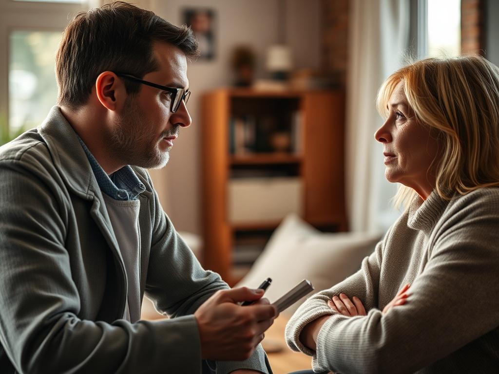 A close-up shot of a researcher conducting an interview with a subject in a cozy, well-lit room. The researcher is focused, taking notes, while the subject appears engaged and expressive. The background is softly blurred, highlighting the interaction, with warm colors and natural light illuminating the scene, creating an inviting atmosphere.
