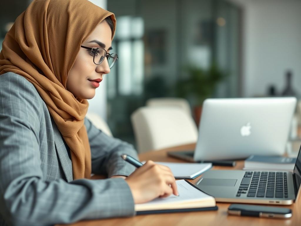 A close-up shot of a professional Arab woman practicing English for a business meeting, with a notepad and laptop in front of her. She looks confident and prepared, surrounded by business-related materials. The background features an office environment, reflecting professionalism and focus on career advancement.