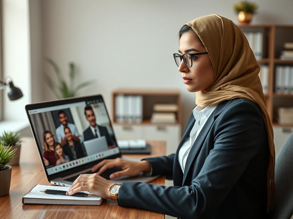 **Prompt for AI Image Generation:**

Create a highly realistic, high-resolution photo that embodies the theme "Mastering Business English for Career Growth." The composition should be simple and clear, featuring a single subject: a confident, professional Arab woman engaged in an online learning session. She should be sitting at a modern desk, with a laptop open in front of her, displaying a video call interface where she is actively participating in a virtual class. 

The woman should have an expression of