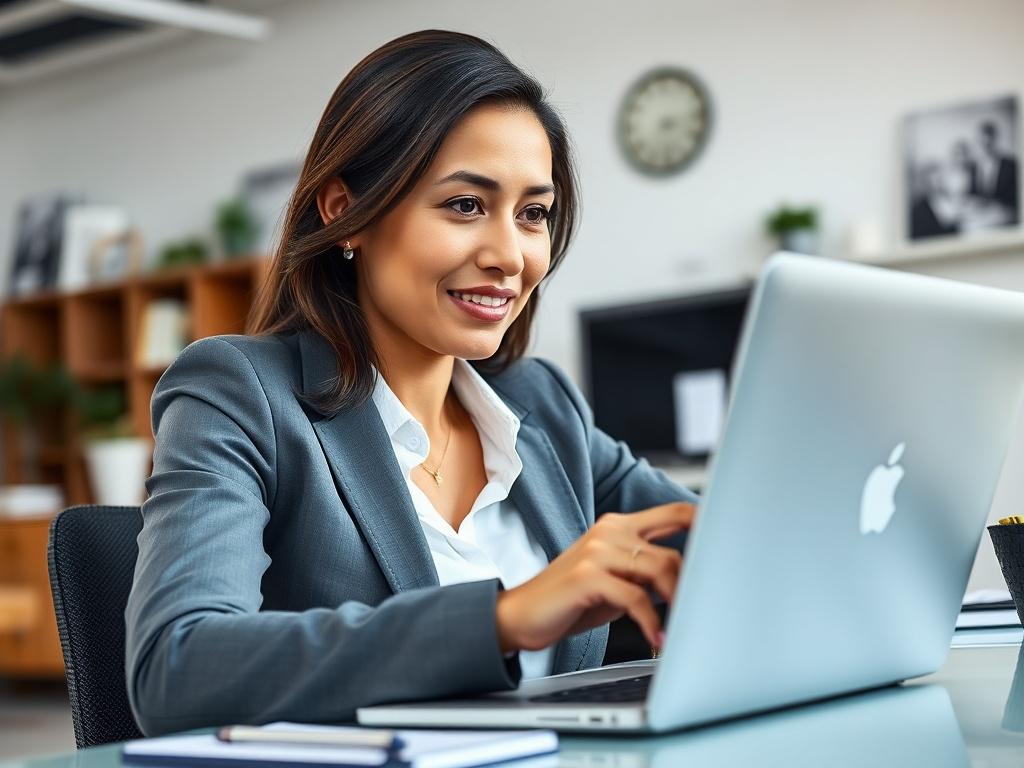 A close-up of a confident female professional participating in a virtual business meeting. She is actively engaging with colleagues on her laptop, showcasing a professional demeanor. The background features a modern office setting with a clean desk and business-related decor. The lighting is bright, emphasizing the professionalism of the environment.