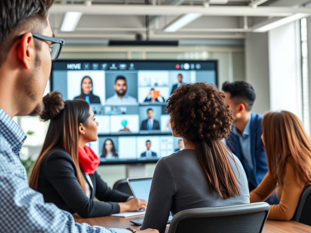 A close-up of a corporate trainer leading a virtual training session with a diverse group of employees. The trainer is using engaging visuals and interactive content. The background displays a professional virtual office setup, with bright lighting and a focus on teamwork and collaboration.