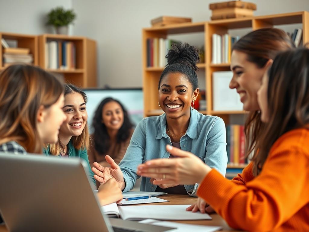 A close-up of a female teacher engaging with a group of diverse female students in an online classroom setting. The teacher is smiling and demonstrating teaching materials on her screen. The background features a warm, inviting home office with books and educational resources. The lighting is bright and cheerful, conveying a sense of motivation and positivity.