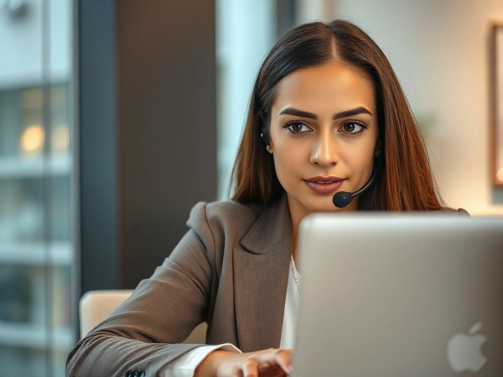 Create a realistic high-resolution photo that captures the essence of the blog titled "The Importance of Business English for Professionals." The image should feature a close-up of a focused female professional in a modern office setting. She should have a confident expression as she engages in a video conference, demonstrating her proficiency in Business English. 

Composition: The frame should center on her face and upper body, emphasizing her concentration and professionalism. Ensure there are no other d