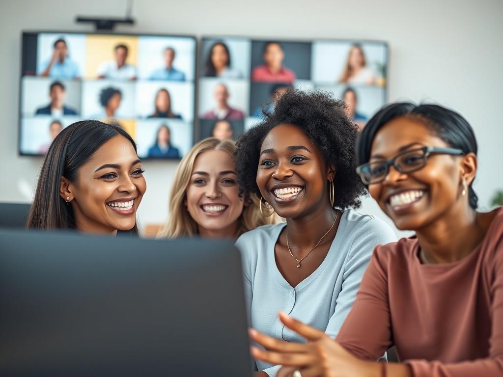 A close-up shot of a diverse group of women engaging in a collaborative online discussion, smiling and sharing ideas. The setting is a virtual classroom with visible screens showcasing different participants. The focus is on their expressions of joy and mutual respect.