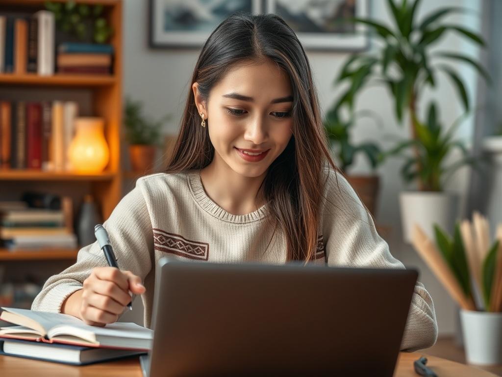A close-up shot of a female student engaging in an online lesson, immersed in learning with a laptop and notes. The background features a cozy study area with books and plants, creating a warm and inviting atmosphere. The focus is on her expression of concentration and enthusiasm.