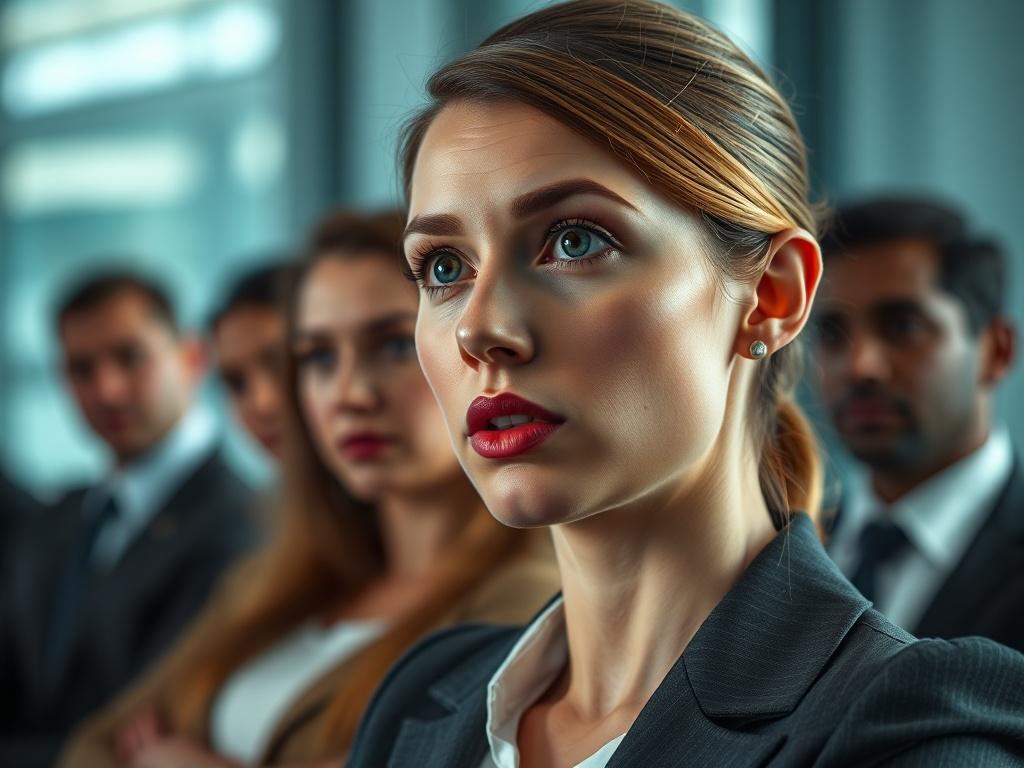 A close-up shot of a confident female professional speaking in front of a group, showcasing her engagement and expression. The setting is a modern office environment with subtle colors, emphasizing professionalism. The focus is on her face, capturing her determination and poise. The background is blurred to keep attention on the subject.