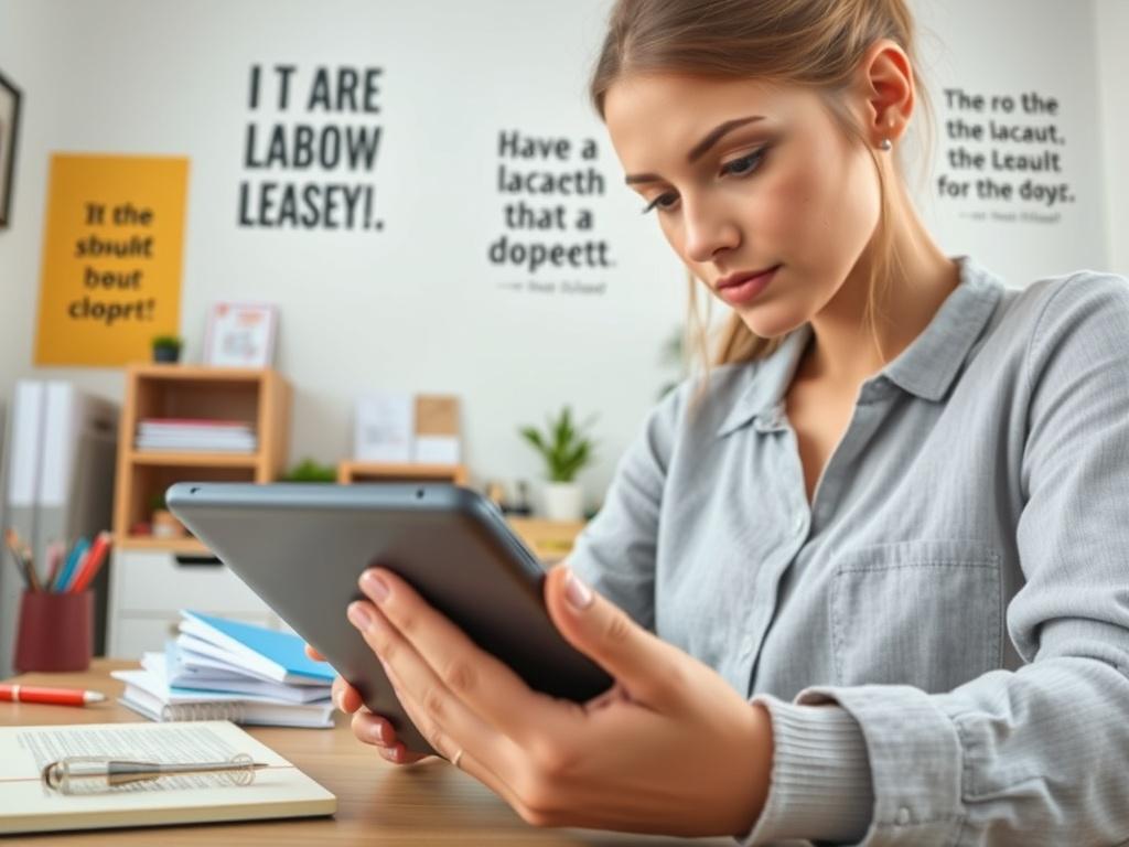 A close-up shot of a woman focused on taking an online language assessment on her tablet, surrounded by study materials. The background features a bright and organized workspace with motivational quotes on the wall, creating an inspiring learning environment.