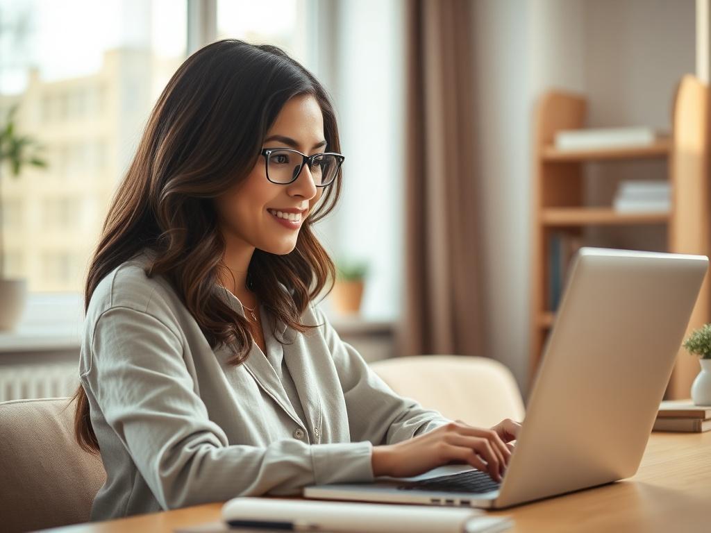A close-up shot of a confident woman using a laptop in a bright room, engaged in an online enrollment process. The background features soft natural light streaming through a window, highlighting a cozy study environment. A warm color palette creates an inviting atmosphere.