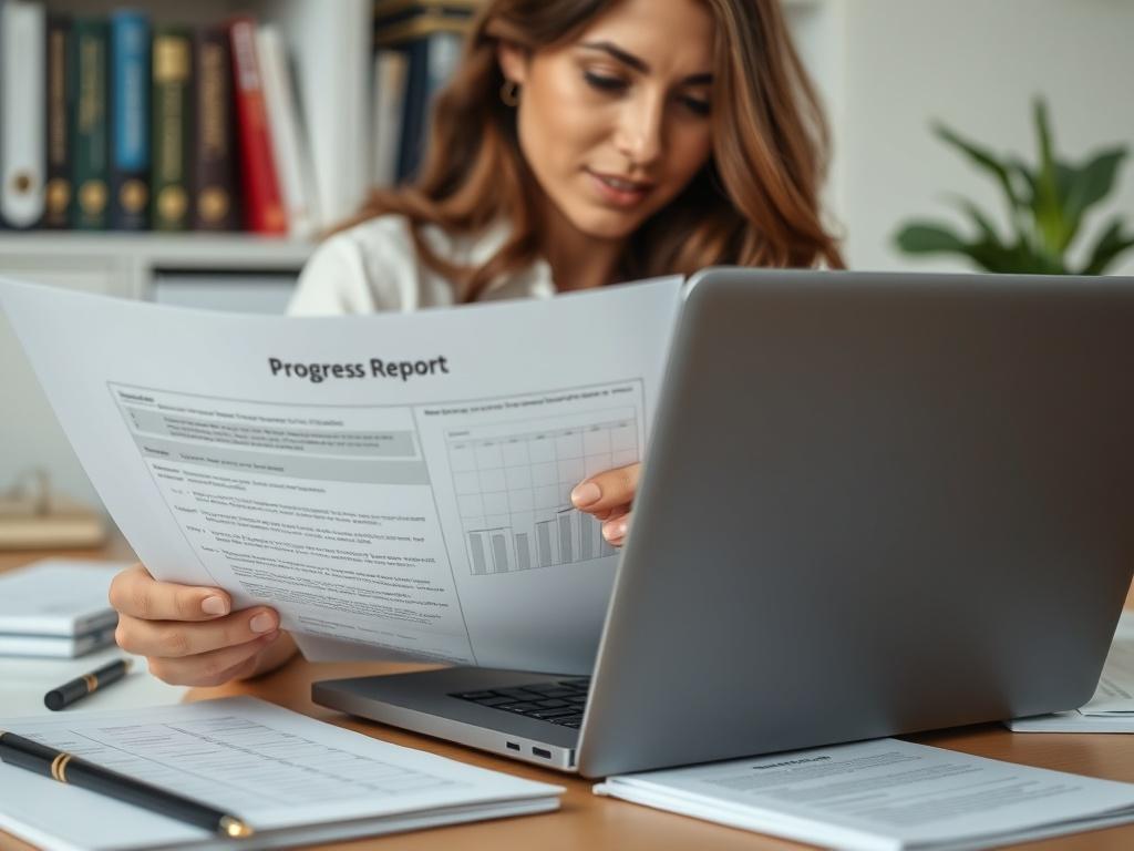 A close-up shot of a woman reviewing her progress report on a laptop, surrounded by notes and study materials. The background features a well-organized study area with books and a plant, creating a focused and encouraging environment.