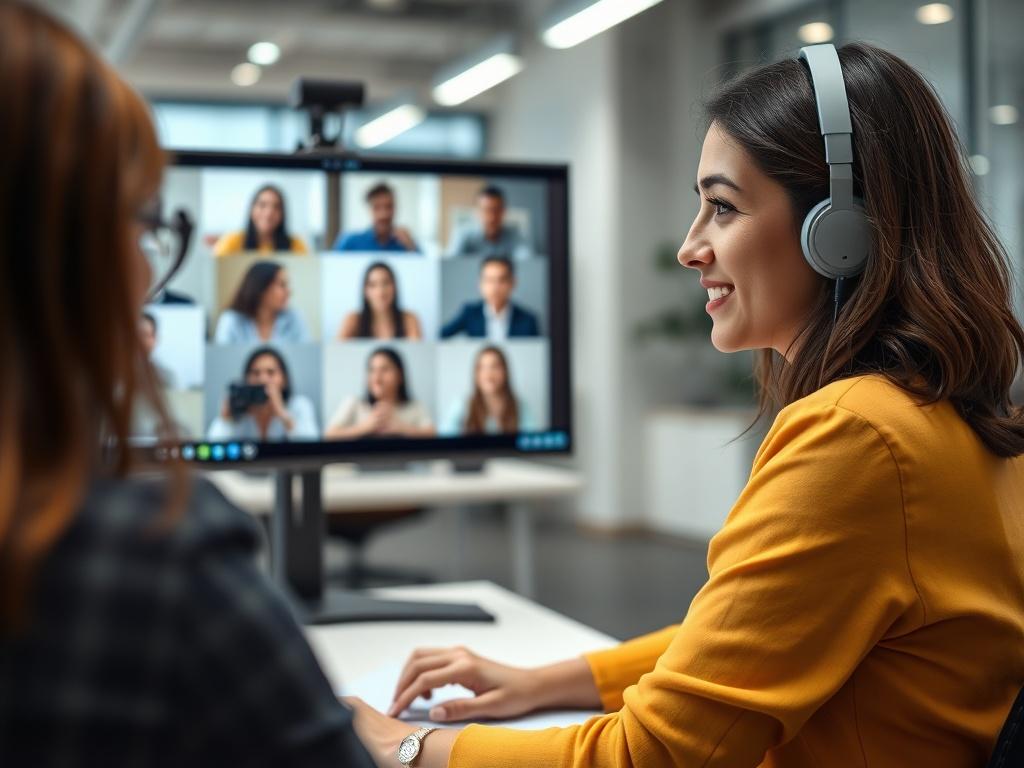 A close-up shot of a female instructor leading an engaging online class via video conferencing, with students visible on the screen. The background showcases a modern and professional setup, emphasizing a dynamic learning atmosphere.