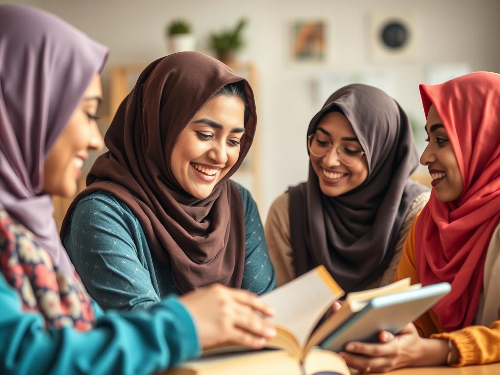 A vibrant and inspiring hero image showcasing a group of Arab women in headscarves, engaged in a collaborative learning environment. The setting is bright and welcoming, with soft colors that evoke a sense of community and empowerment. The women are smiling and interacting with each other, surrounded by books and digital devices. The background features elements of Arabic culture, subtly integrated to enhance the learning atmosphere.