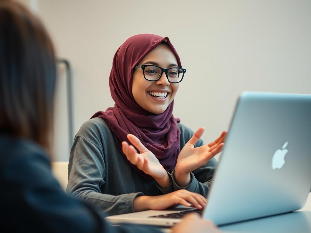 A high-resolution close-up shot of a female teacher in a headscarf engaged in an online English lesson, with a laptop in front of her. She is smiling and gesturing, showing enthusiasm and friendliness. The background features a soft color palette to create a warm and inviting atmosphere.
