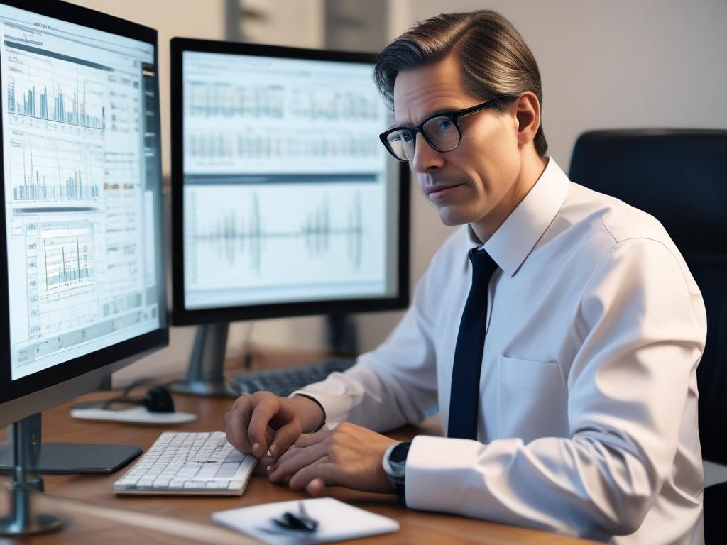 A close-up shot of a researcher, focused on a computer screen displaying statistical analysis software. The subject is a middle-aged male researcher with glasses, deeply engaged in data analysis, with charts and graphs visible on the screen. The background is a modern office with books and research papers neatly arranged. The lighting is soft, emphasizing the seriousness of the research work. The image should be high-resolution, shot with a 45mm f/1.2 lens style, to capture the details and expressions of th