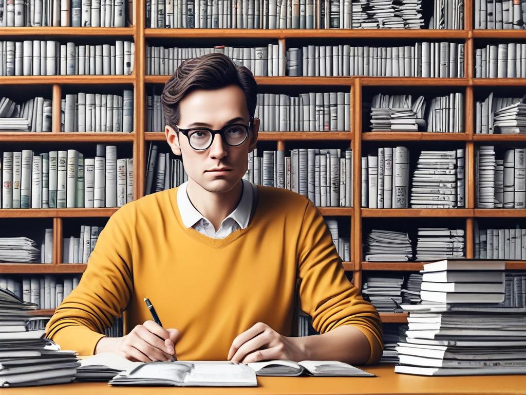 A hyper-realistic close-up shot of a researcher sitting at a desk, surrounded by books and papers, deep in thought while jotting down ideas in a notebook. The focus is on the researcher, showcasing a look of concentration and inspiration. The background is softly blurred, emphasizing the subject, with warm lighting to create a cozy, intellectual atmosphere. The color palette should align with rgb(50, 170, 39) for visual coherence.