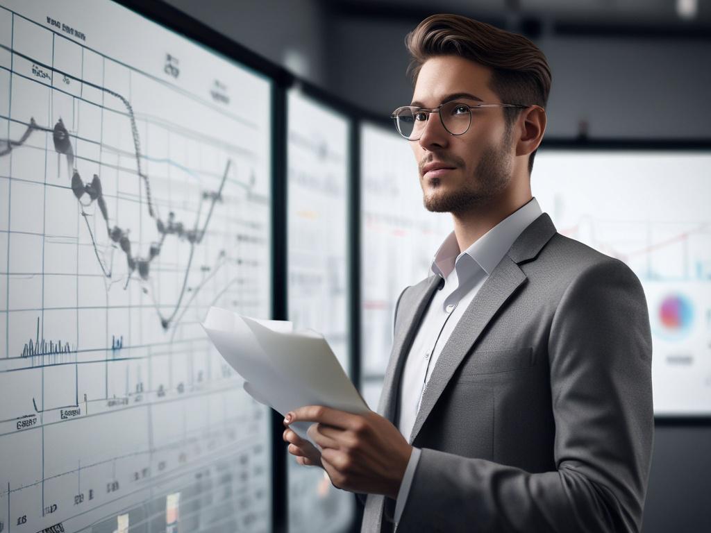 A close-up shot of a person preparing a professional presentation. The subject is standing in front of a large screen displaying charts and graphs, with a confident expression. The background is a clean, modern conference room. The lighting is bright and inviting, focusing on the subject, shot with a 45mm f/1.2 lens style.