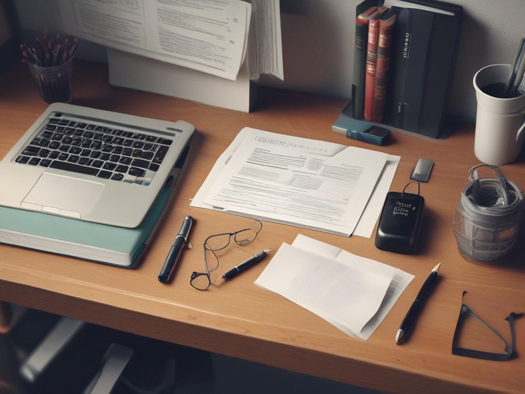A close-up shot of a well-organized desk with a laptop open to a document displaying APA, MLA, and Harvard citation styles. The background should be a softly blurred library setting with bookshelves filled with academic books. The lighting should be warm and inviting, emphasizing the focus on the laptop screen. The image should be realistic high-resolution, shot with a 45mm f/1.2 lens style.