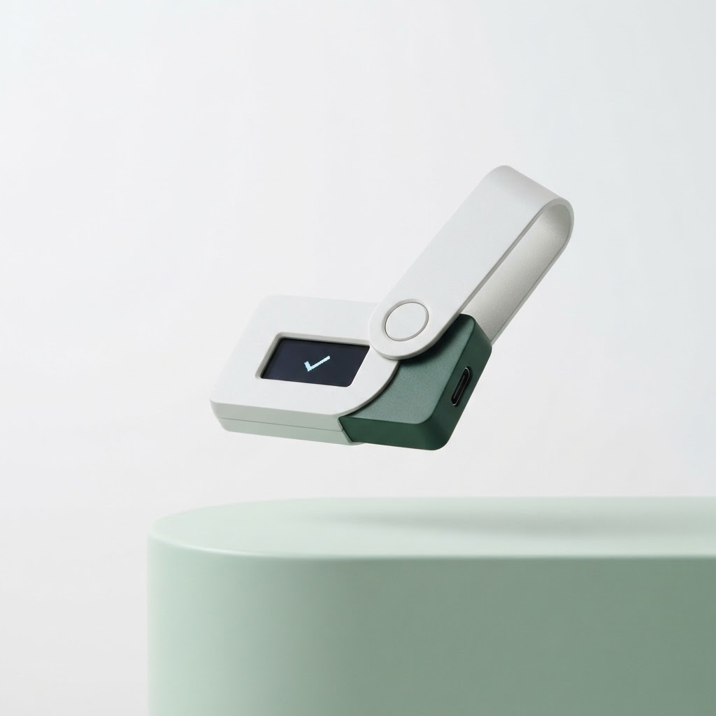 A compact hardware wallet displayed on a soft green stand